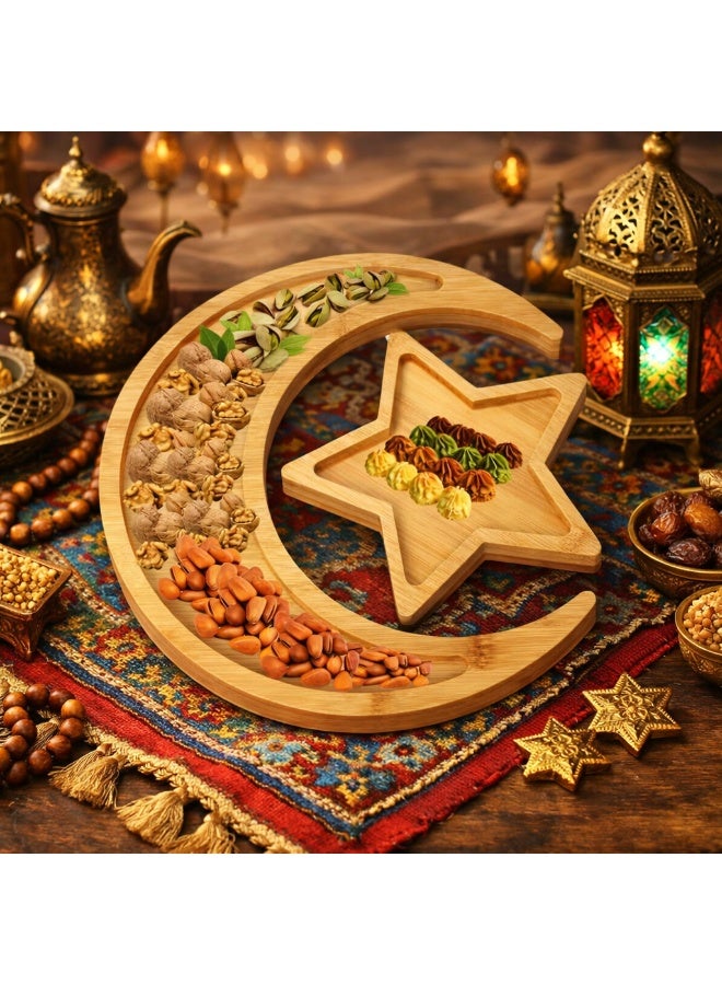 Fruit Platter – Crescent Moon Set – Bamboo Tray with Wooden Base – Eid al-Fitr Party Snack Plate - Image 1